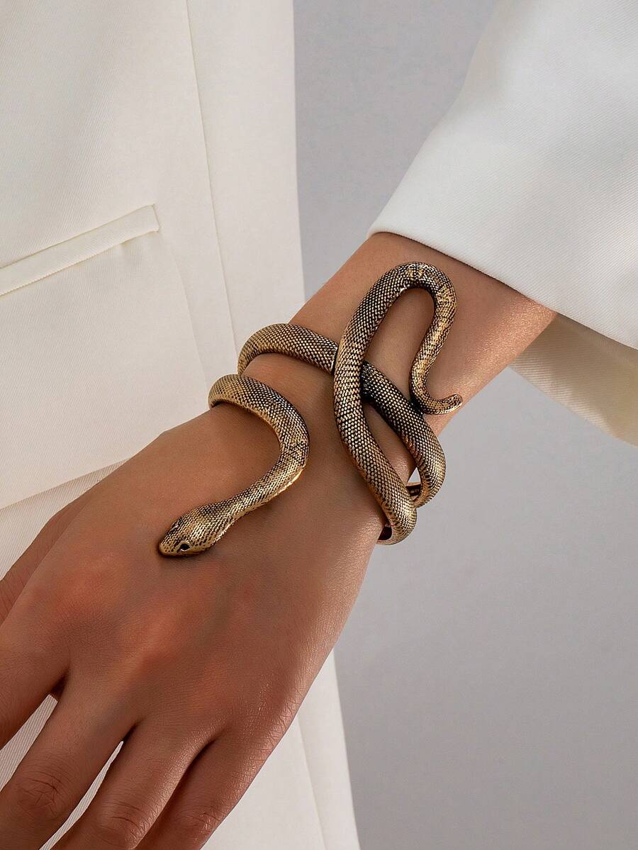 1 pieza Brazalete de puño grueso y grande con diseño de serpiente vintage, brazalete abierto de serpiente, joyería de declaración de mujer para uso diario