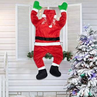 Santa Claus Climbing Wall Hanging Decoration, Self-Stick Adhesive Outdoor/Indoor Christmas Decor, Durable Fabric With Black & Red Suit, White Beard & Green Hat, Hanging Legs For Door, Window, Fence - Easy To Install Holiday Decoration, Festive Santa Claus Climbing Wall Ornament For Christmas, Seasonal Home Decor, Home Decorators