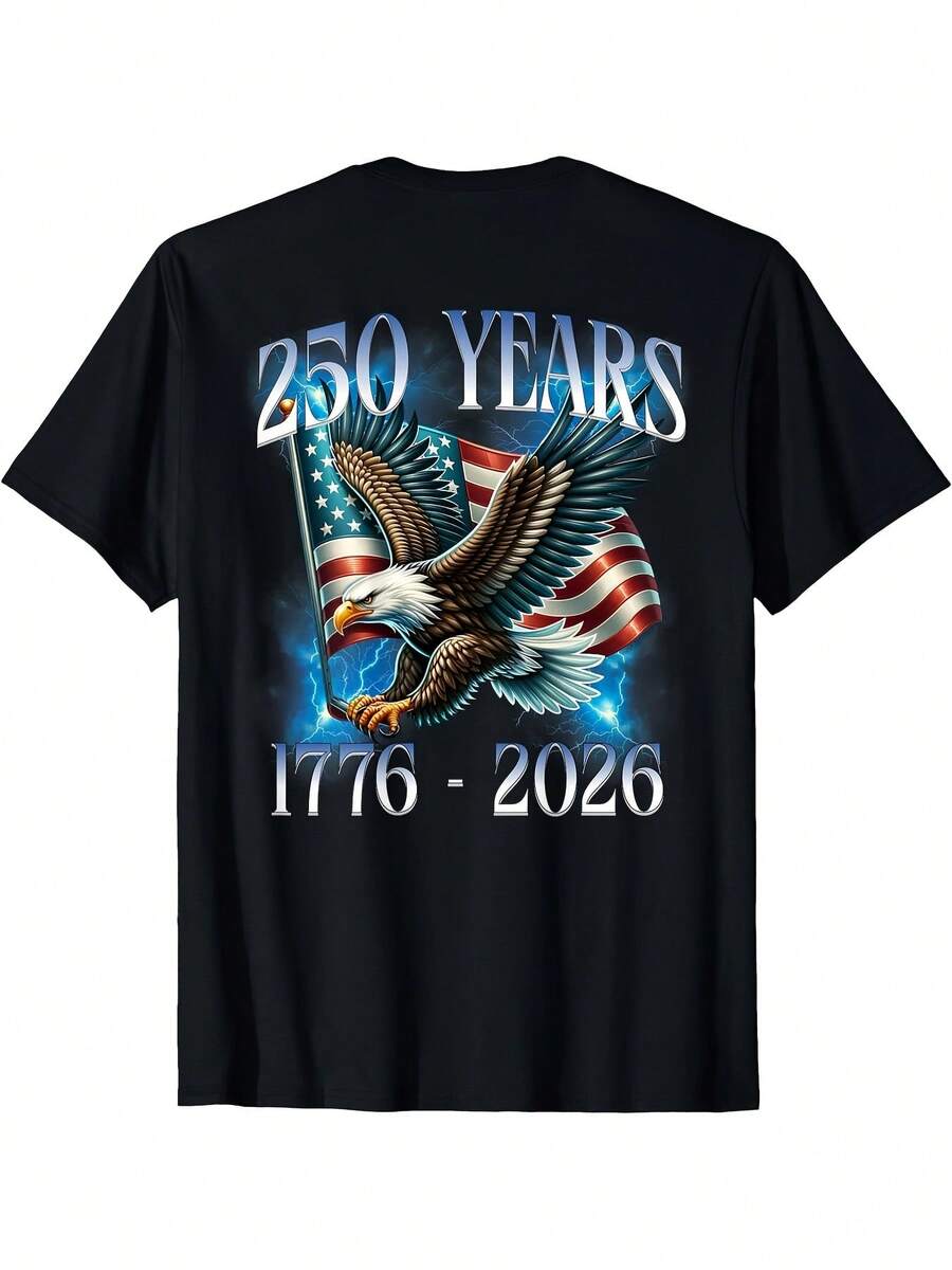 Camiseta conmemorativa del 250º aniversario de la independencia de los EE. UU. - 1776-2026, impresión de águila y bandera en la parte trasera, camiseta de manga corta unisex de ajuste holgado con fechas de 1776-2026, casual para el 4 de julio y celebración histórica - Negro - Ver 1