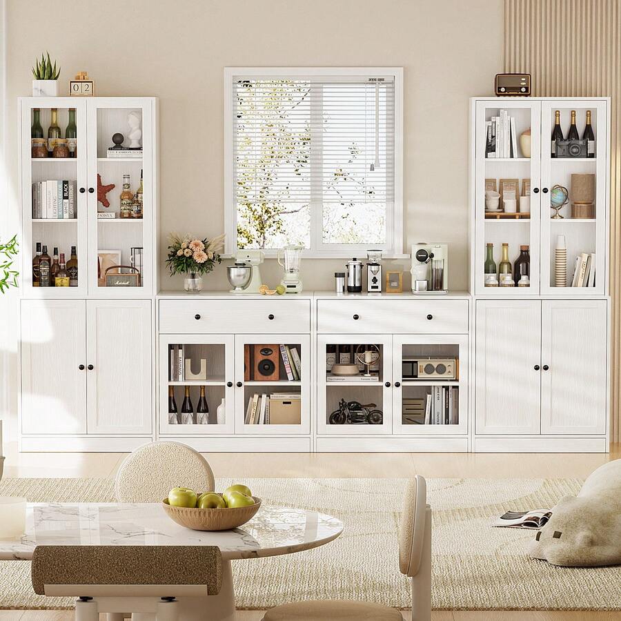 4Pcs Coffee Bar Cabinets With Microwave Stand,Coffee Bar Station With Ample Storage,2 Tall Pantry Storage Cabinets & 2 Sideboard Buffet Cabinets,Wooden Sideboard Hutch Buffet Cabinet With Shelves & Doors For Dining Room - 白色 - 查看 1