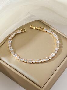 1pc Minimalist Fashion Square Zirconia Inlaid Gold-Plated Bracelet, Versatile - Gold - View 5