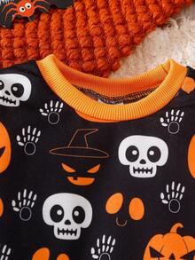 男婴万圣节南瓜骷髅印花长袖连体裤，可爱又有趣的万圣节主题秋冬装 - 黑色 - 查看 3