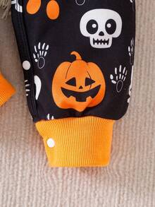 男婴万圣节南瓜骷髅印花长袖连体裤，可爱又有趣的万圣节主题秋冬装 - 黑色 - 查看 5