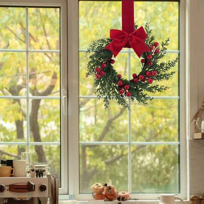 10.23*10.23inch Christmas Cabinet Wreaths For Kitchen With Ribbon Bows Red Berry Plastic Wreath For Window Door Farmhouse Christmas Party Decorations Christmas Decorations Winter Room Decor Christmas Decorations Home Christmas Gifts Christmas Decor