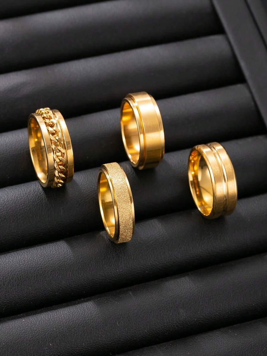 Set von 4 stilvolle Edelstahl Herren Einzelringe, schwarz geprägt, mattiert, dekorativ für den täglichen Gebrauch, Halloween Geschenk