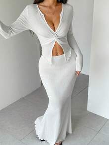 Conjunto de Top Cropped de Manga Longa com Nó na Frente e Saia Midi em Cor Sólida, Elegante e Casual, Adequado para Férias, Praia, Encontros à Noite, Casa, Jardim