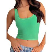 Camiseta de mujer de costilla con acolchado, top de entrenamiento de cuello cuadrado, top corto ajustado, camiseta básica de tirantes - Verde neón - Ver 1