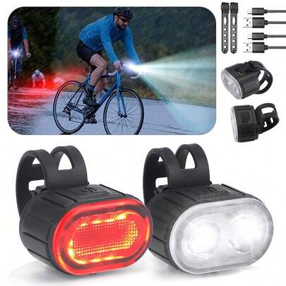 Wiederaufladbares LED-Fahrradlichtset mit wasserdichtem IPX4-Front- und Rücklicht. Starkes-mittel-schwaches-langsames Blinken-schnelles Blinken-Stroboskop; Weißes Licht: starkes-mittel-schwaches-schnelles Blinken