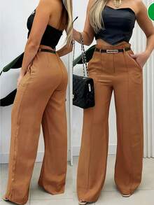 1 chiếc quần dài nữ bằng polyester màu trơn, có cúc cài và túi, khóa kéo, thích hợp cho kỳ nghỉ, công sở, nhà, mặc hàng ngày, du lịch, mọi mùa xuân. - màu nâu - Xem 2