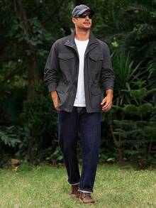 Mens Military Jacket Full Zip And Button  Field Jacket Multi Pocket Cargo Outdoor Coathalloween - 深灰色 - 查看 9