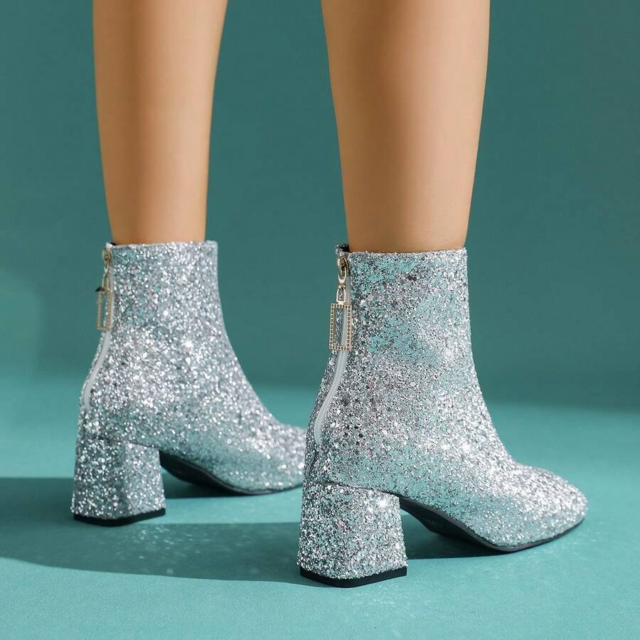 2025 Winter Fashion High Heel Women's Shoes Plus Size Glitter Versatile Low-Rise Boots - 銀色 - 查看 1