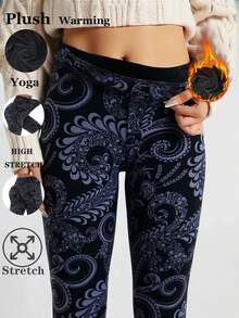 1 Pack Women's Thermal Lined Floral Print Leggings, Black Base, Stretchy Skinny Pants, Elegant & Casual, Suitable For Home, Workout, Yoga, Fitness, Outdoor Activities, Soft & Comfortable, Autumn/Winter