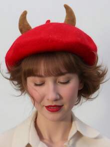 Devil Horns Red Beret For Women - Fun Halloween Costume Accessory, Unique Fashion Beret With Horns, Red Beret For Cosplay, Party Hats
