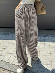 Wide Leg Striped Elastic Palazzo Pants With Pockets - Black - View 2