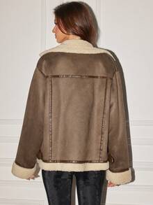 女士休闲直肩翻领扣宽松长袖金属拉链口袋常规棉夹克厚衬里派克大衣，秋冬 - 棕色 - 查看 2