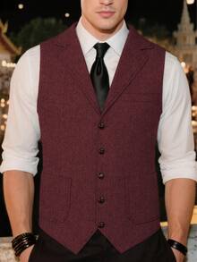 Retro Men's Western Cowboy Suit Vest Slim Fit V Neck Suede Leather Dress Vests Vintage Prom Wedding Casual Waistcoat - 酒紅色 - 查看 9