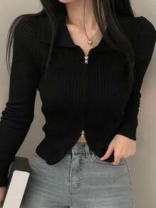 2025 Autumn/Winter Stylish Reversible Zipper Women Long Sleeve Knit Cardigan