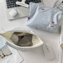 1 件格子蓝色刺绣花卉化妆包，女士口红收纳袋，化妆刷架旅行必备品，适合假期化妆包，化妆收纳旅行包，女士 - 彩色 - 查看 3