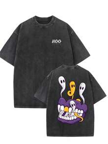 "Smoking Monkey " Print Oversized Cotton Solid Drop Shoulder T Shirts ForMen Vintage Streetwear Basic Tees Baggy Hip Hop Unisex Tops Acid Wash Tshirt