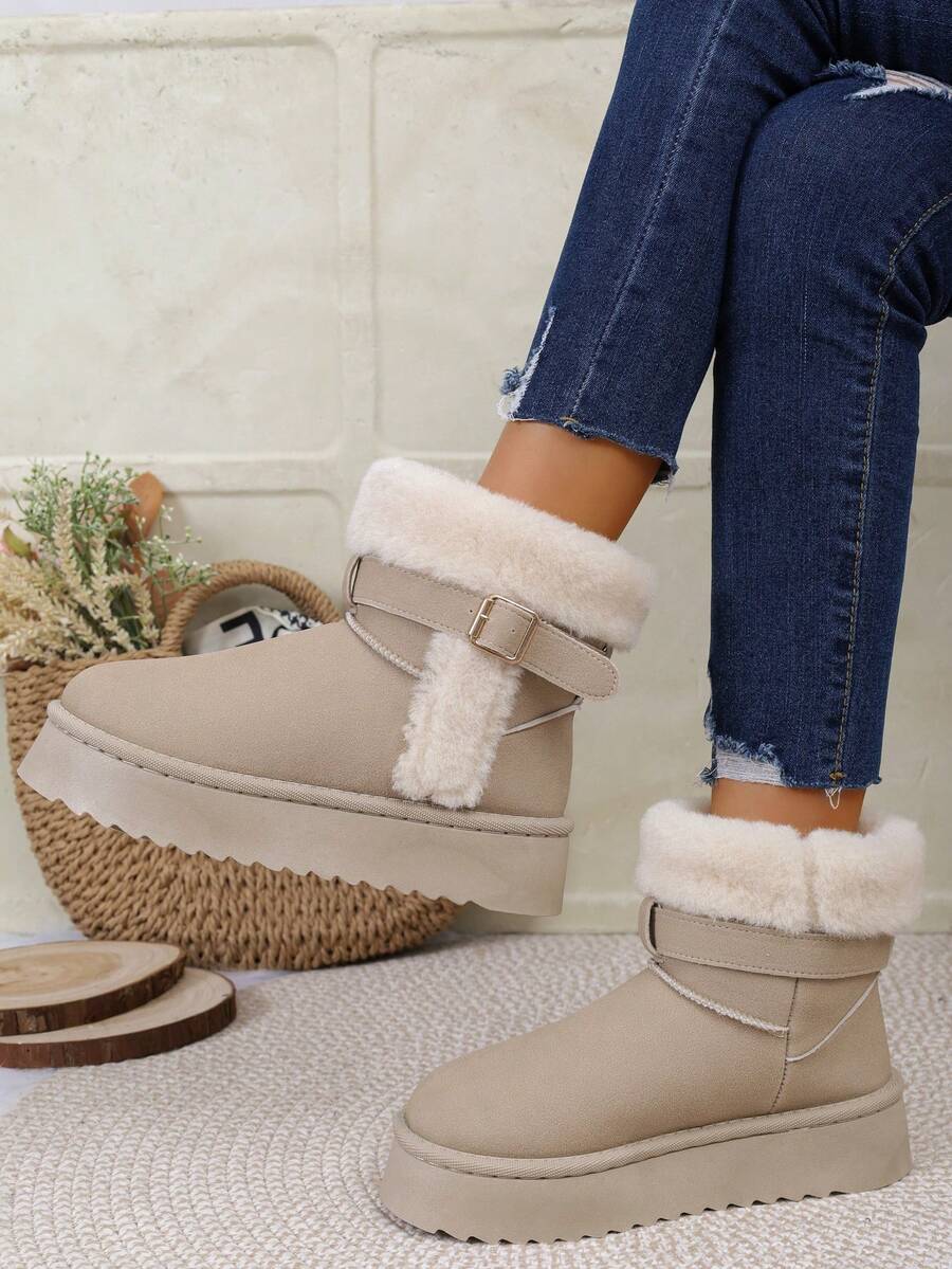 Knöchelhohe Stiefel, neue Winterstiefel mit Gürtelschnalle, dicker Sohle, warmes Futter für Frauen