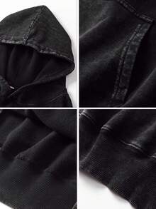 Washed Hoodie, Stylish And Retro Men's Hooded Sweatshirt, 400g Heavyweight Loose Design, Unisex Style, Suitable For Both Men And Women, Ideal For Casual Occasions, A Gift For Boyfriend, Street , An Ideal Gift Among Friends, Men's Clothing, Men's Hoodie That Is Breathable And Comfortable. - 黑色 - 查看 4