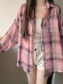 女士夏季时尚格子纽扣衬衫