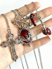 5 件复古 Y2K 哥特朋克摇滚风格项链套装：蝙蝠、宝石、蝙蝠十字架、棺材、心形箭、红心、星星、不锈钢链 - 銀色 - 查看 7