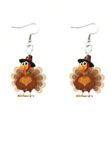 1 Pair Charming Turkey Pendant Earrings - Adorable Retro Acrylic Design, Nickel-Free Hooks, Ideal For Holiday Celebrations And Parties