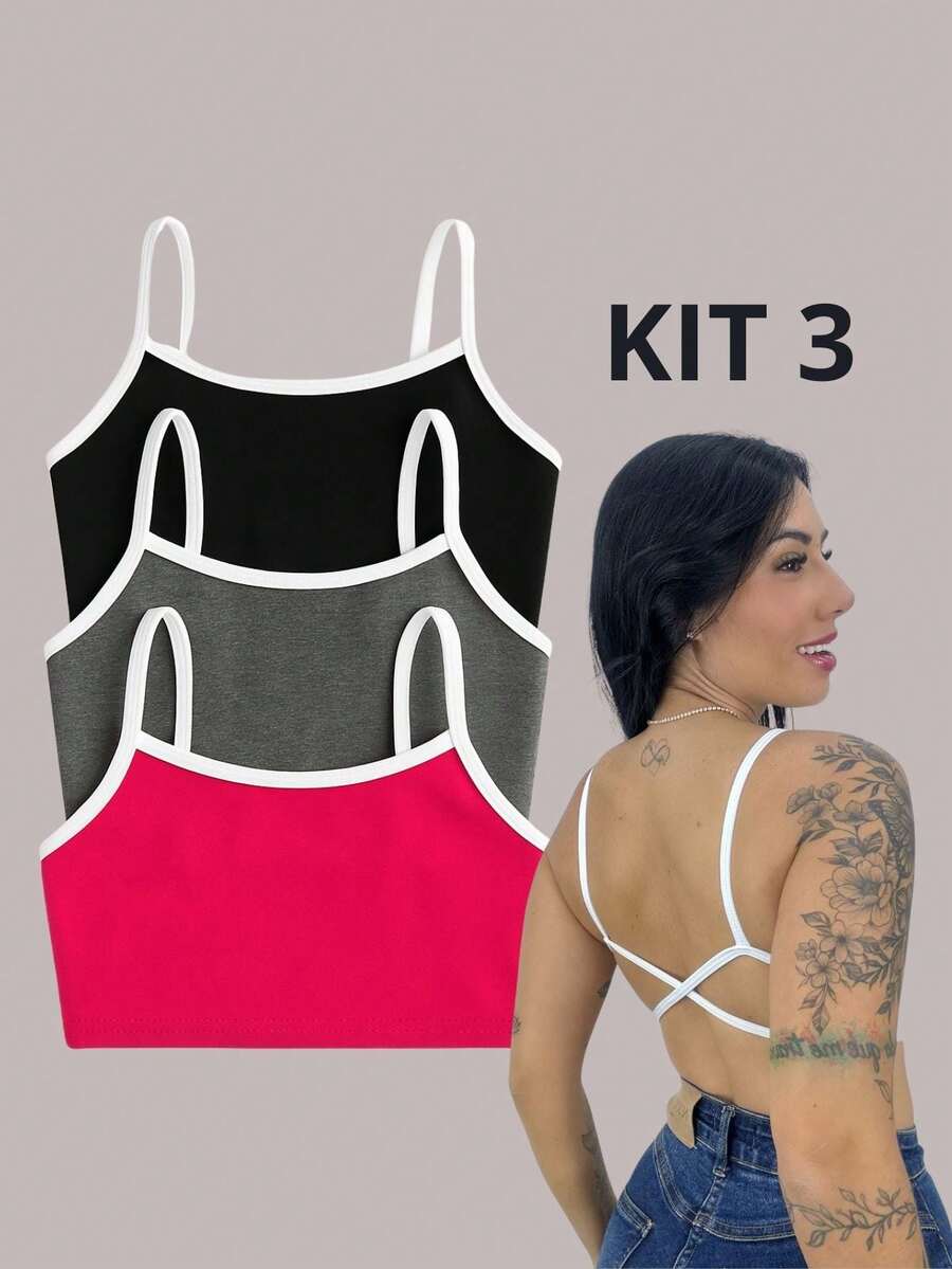 Kit 3 Top CROSSED BICOLOR Backless Cropped Comfortable Workout Gym - 黑色 - 查看 1