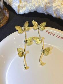 1 Pair Women's Gold Butterfly Rhinestone Earrings, Fashionable And Suitable For Daily Wear