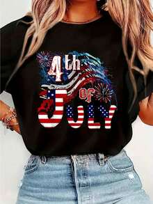 Fireworks Happy 4th Of July US Flag American 4th Of July T-Shirt Print T-Shirt Casual Crew Neck Short Sleeve Comfort Tee Top For Spring &Amp; Summer Women'S Clothing - 黑色 - 查看 1