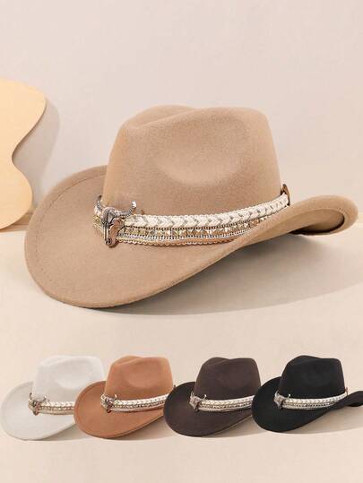 1Pc Halloween Western Cowboy Hat, Lightweight And Comfortable Felt Hat, Equipped With A Detachable Bull Bone Decorative Band, Suitable For Back To School Season, Christmas Parties, Outdoor Activities, Theme Festivals, Durable Matching