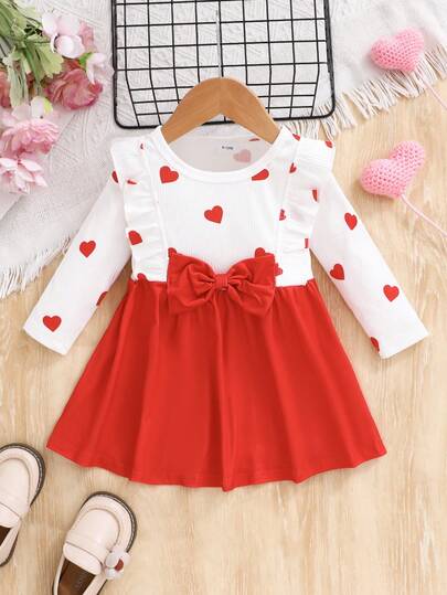 1pc Girls Casual Red Heart Soft Comfortable Ribbed Fabric Dress, Suitable For Holidays, Birthdays, Parties, Daily Outdoor Wear