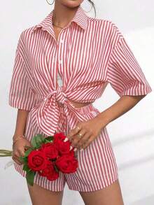 Solapa de verano Casual a rayas de manga corta Pantalones de dos piezas de las mujeres traje de moda opa Dos piezas para Mujer - Rojo - Ver 2