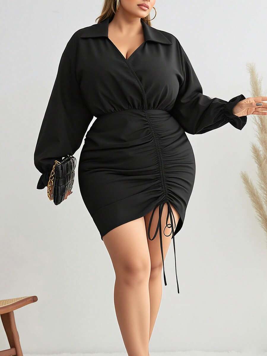 Vestido negro de manga larga talla grande para mujer, vestido casual con cordón en la cintura de unicolor, adecuado para ir al trabajo, citas, vacaciones