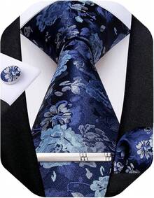Conjunto de corbata de seda con estampado floral, incluye pinza de corbata, pañuelo y gemelos - Azul marino - Ver 1