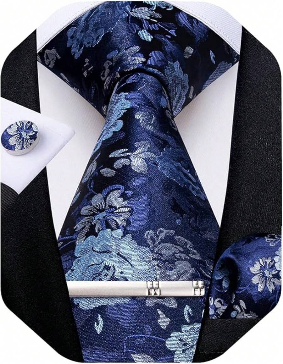 Conjunto de corbata de seda con estampado floral, incluye pinza de corbata, pañuelo y gemelos - Azul marino - Ver 1