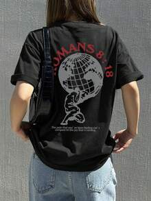 女士标语印花休闲圆领短袖T恤，简约百搭，适合日常穿着。图案T恤，女士黑色上衣，女士度假装 - 黑色 - 查看 5