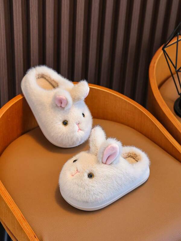 Kids Fashionable Warm Slippers, Girls Cute Rabbit Plush Lined Indoor Shoes For Winter
