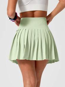 Leorrey 1pc Women's Seamless Casual Comfortable Solid Color High Waist Anti-Flashing Sweet Pleated Tennis Running Workout Mini Skirt - Green - View 5