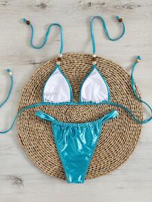 Sexy & elegantes himmelblau Bikini Set - Dreieckiger Top mit verstellbaren Trägern und hochgeschnittene Bikinihose | Damen Bademode für den Strandurlaub - Blau - Übersicht 4