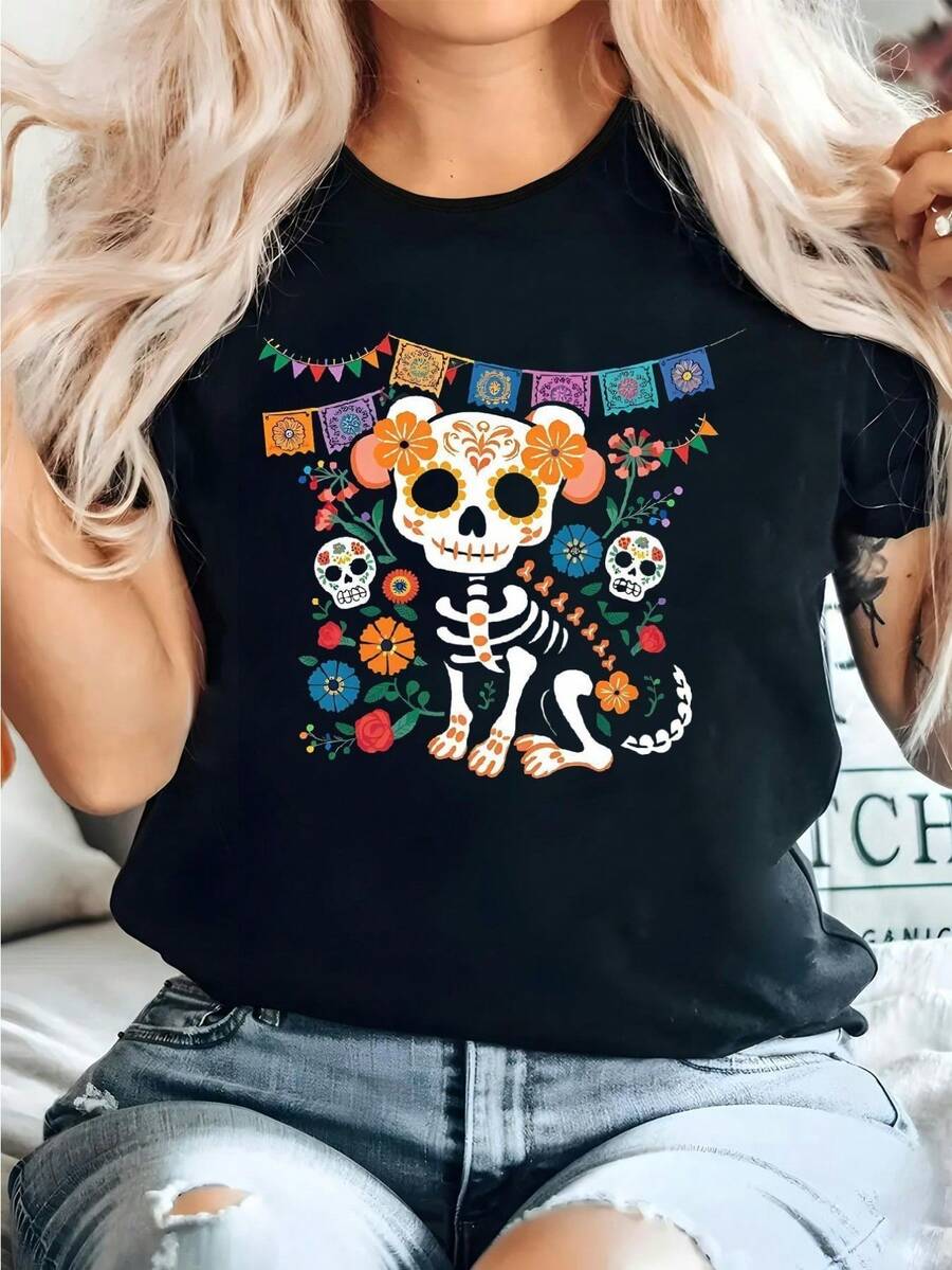 Day Of The Dead Skeleton Flowers Flags Summer T Shirts, Graphic Loose Tees - Black - View 1