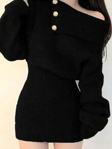 韩版简约不对称肩部修身毛衣裙 - 黑色 - 查看 5