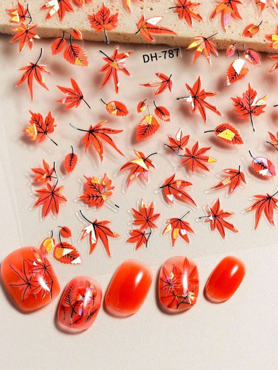 Caramel Red Maple Leaf Nail Stickers Autumn/Winter Season Fire Red Leaf Nail Stickers Accessories