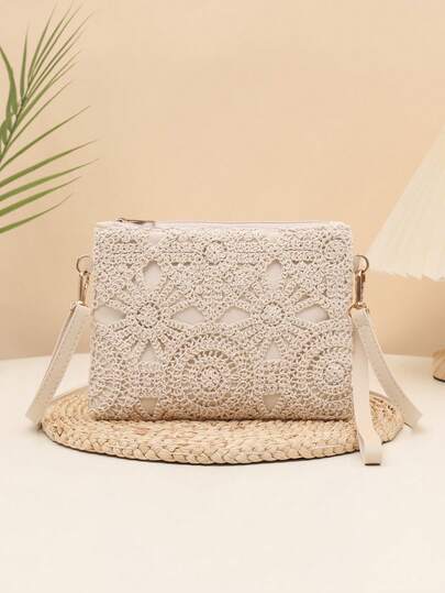 1pc Women's Envelope Bag, Hollow Out Jacquard Niche Design Ladies Shoulder Bag, Fashion Minimalist Female Bag, Crochet Bag, Contrast Color Patchwork PU Material Crossbody Bag, Sweet Lady Cute Crossbody Small Bag, Beige Color Clutch, Mini Beach Bag Wristlet Coin Purse Shoulder Crossbody Bag, Women's Bag Spring Summer New Versatile Small Niche Shoulder Crossbody Sweet Square Bag, Suitable For Gathering, Outing