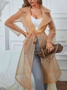 ChicMe Sheer Mesh Long Windbreaker - Women's Transparent Tie-Front Jacket, Creating Fashionable Street Style And Layered Urban Travel Looks - Apricot - View 4