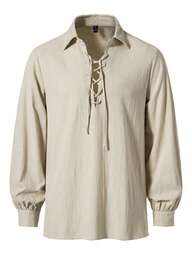 Camisa de manga larga con cordones frontales para hombre, otoño