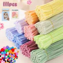 【251件/套】超值套装，包含100根毛根、150个毛球（附赠1个教程视频，可用于制作各种花朵）、150个彩色混合毛球（尺寸0.8-2.5厘米）、多色拼接加密毛根（带贴纸）、30厘米彩色毛根手工材料，以及适合开学季的彩色毛根。 - 黃綠 - 查看 1