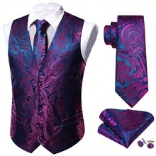 Plus Size Mens Waistcoat Purple Floral Vest Tuxedo Gilet Tie Pocket Square Cufflinks Set Wedding Formal Casual Business Party - 紫色 - 查看 4