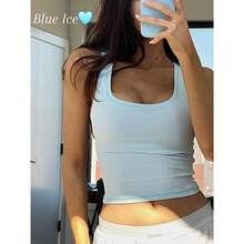 Women Rib Tank Top Padded Workout Top Square Neck Crop Tank Fitted Basic Cami Tops - Blue Ice - 查看 3